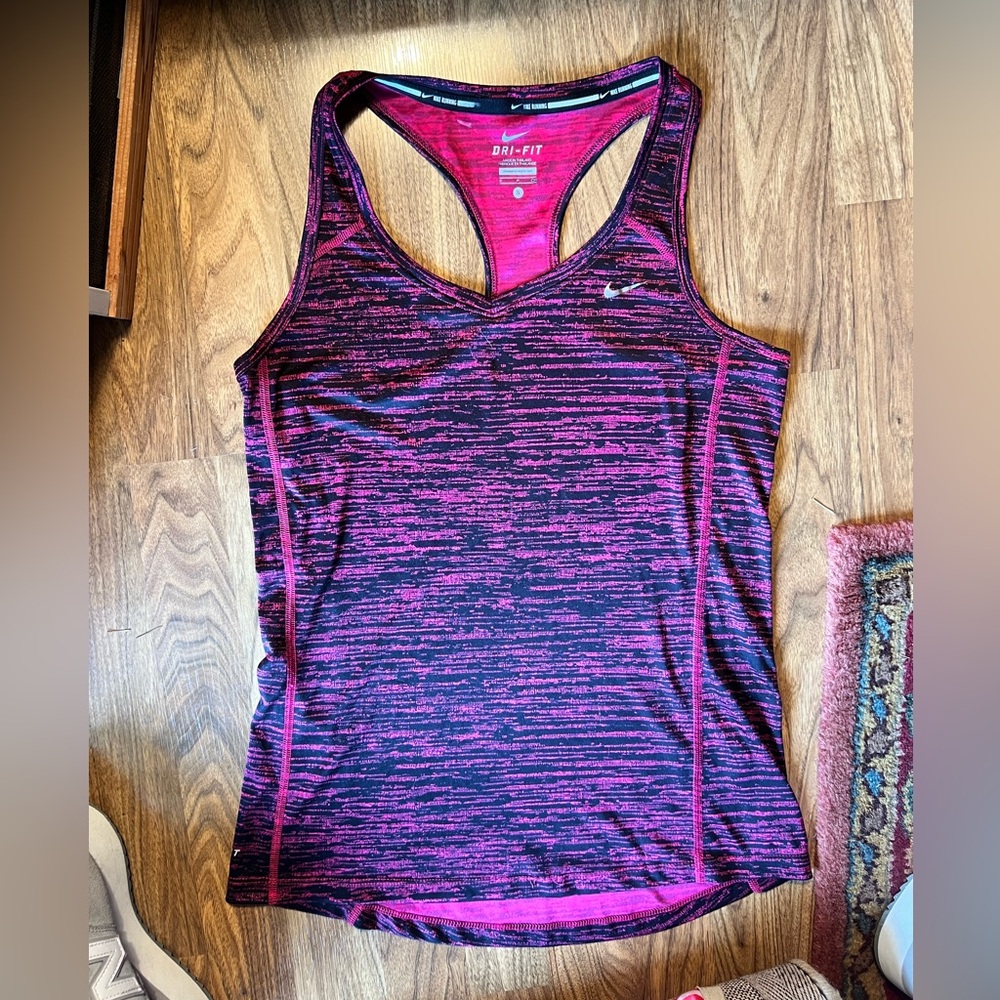 Nike Women's Pink and Black Striped Miler Tank Top
